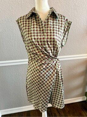 MNG Mango Retro Print Wrap Shirt Dress Green Red Size 4 Collared Mini 70s